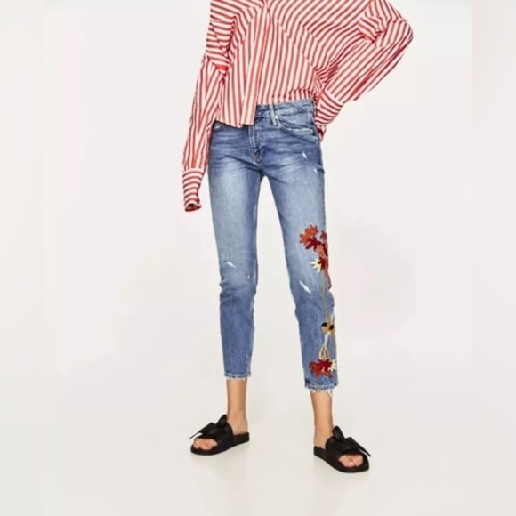 Zara Slim Boyfriend Denim Jeans With Embroidery - Picture 1 of 6